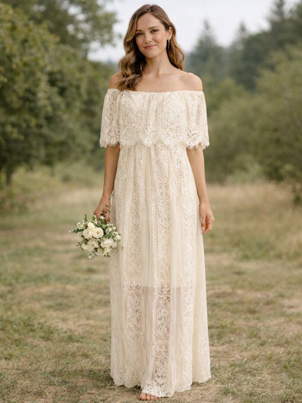 Baltic Born Womens Floral Lace Maxi Dress Size XS Ivory Off Shoulder Boho Bridal